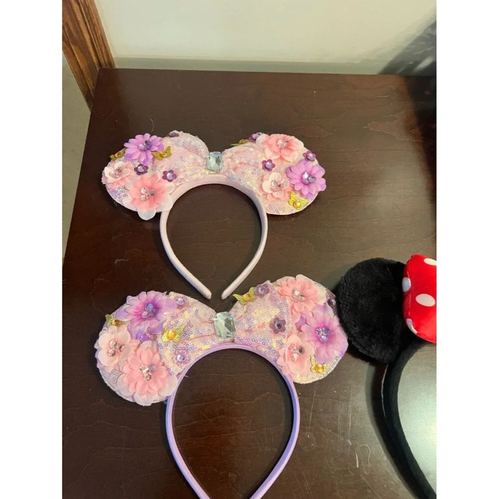 Cute Floral Pink & Black Minnie Ear Headbands Set